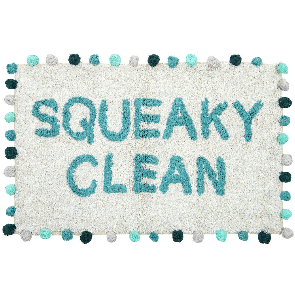Our Squeaky Clean Bathmat - 50 x 80cm will bring a playful style and a pop of colour to your bathroom. Featuring a fun worded design with pom poms, this bathmat also adds texture to your bathroom or ensuite.| Bliss Gifts & Homewares | Unit 8, 259 Princes Hwy Ulladulla | South Coast NSW | Online Retail Gift & Homeware Shopping | 0427795959, 44541523