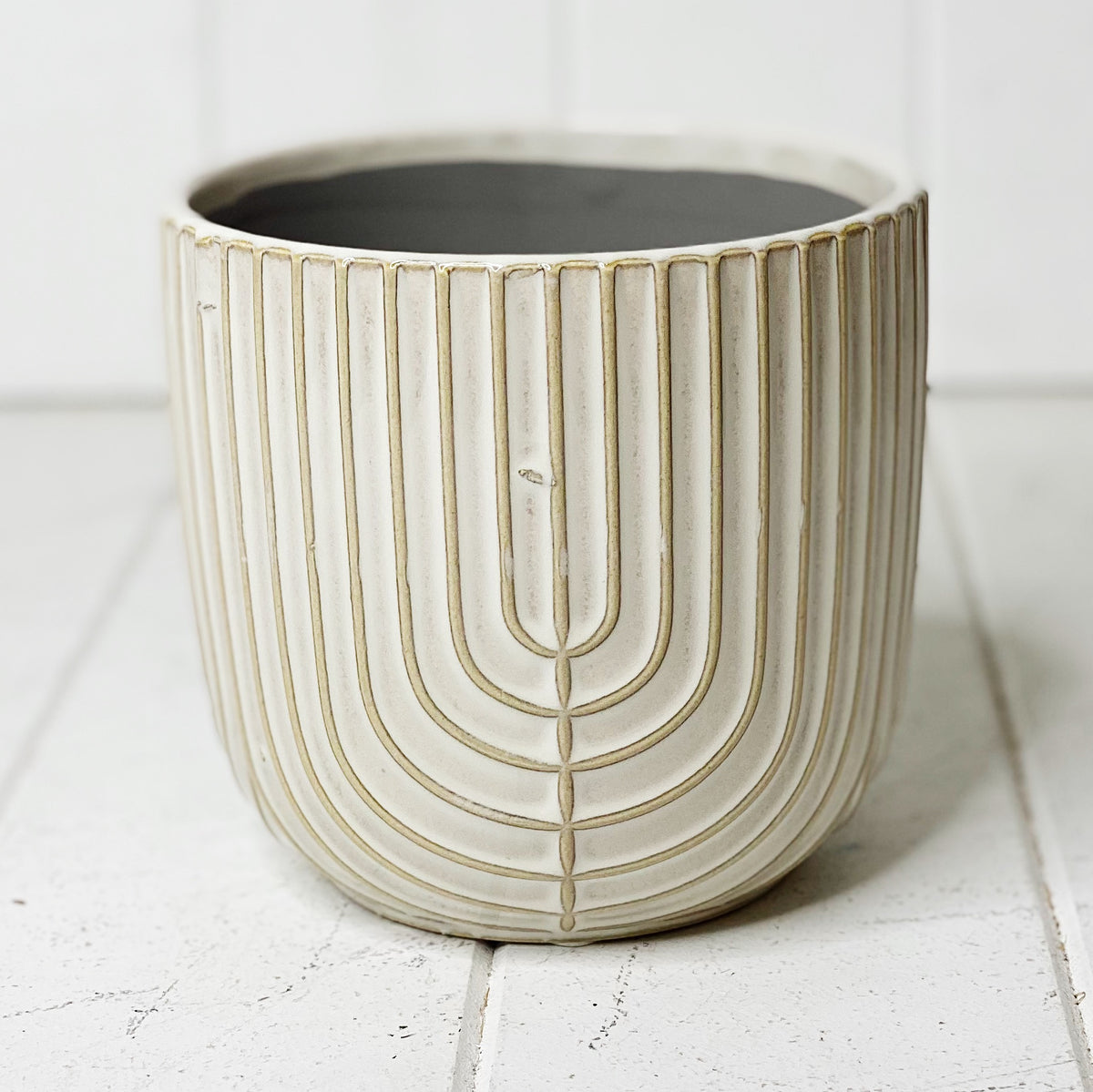 Our charming Sundae Ripple Ceramic Pot has a subtle crackle glaze that perfectly contrasts its textured body and rim. Ideal for displaying small plants and flowers with a drainage hold and plug or use as decorative storage. 13.6 x 12.8cm| Bliss Gifts &amp; Homewares | Unit 8, 259 Princes Hwy Ulladulla | South Coast NSW | Online Retail Gift &amp; Homeware Shopping | 0427795959, 44541523