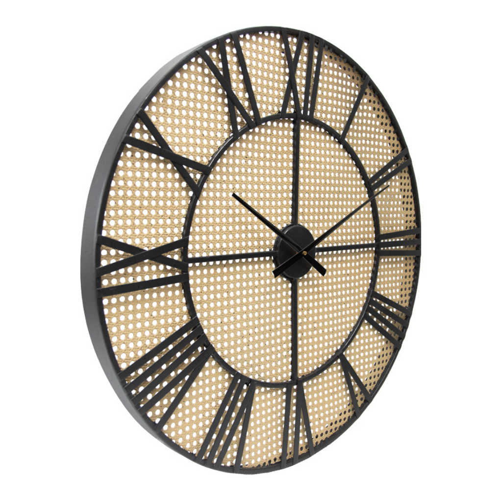 Full of style and character, our Tropea XXL Round Wall Clock 70cm is a beautiful statement clock. The black metal framework allows the natural rattan style backing to add warmth and texture to any space.| Bliss Gifts &amp; Homewares | Unit 8, 259 Princes Hwy Ulladulla | South Coast NSW | Online Retail Gift &amp; Homeware Shopping | 0427795959, 44541523