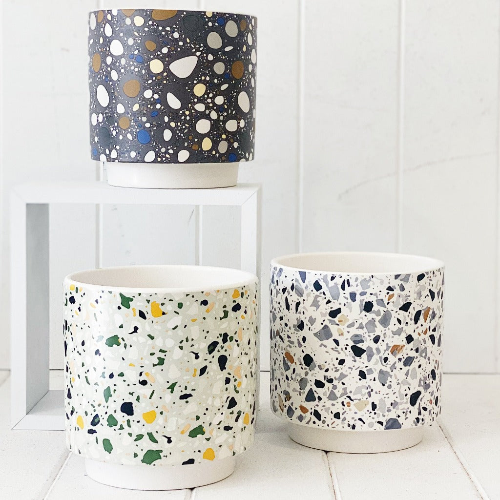 Showcase your favourite plants, succulents, and flowers with the beautiful and unique Terrazzo Pots in Large. Approx size: 14x14x14.3cm. Ceramic. Drainage hole and plug for your convenience.| Bliss Gifts &amp; Homewares | Unit 8, 259 Princes Hwy Ulladulla | South Coast NSW | Online Retail Gift &amp; Homeware Shopping | 0427795959, 44541523