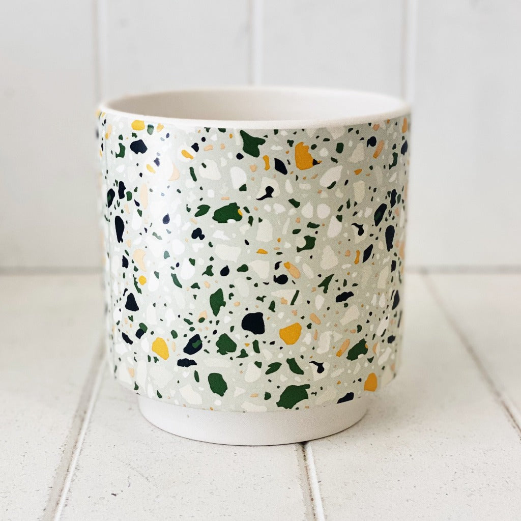 Showcase your favourite plants, succulents, and flowers with the beautiful and unique Terrazzo Pots in Large. Approx size: 14x14x14.3cm. Ceramic. Drainage hole and plug for your convenience.| Bliss Gifts &amp; Homewares | Unit 8, 259 Princes Hwy Ulladulla | South Coast NSW | Online Retail Gift &amp; Homeware Shopping | 0427795959, 44541523