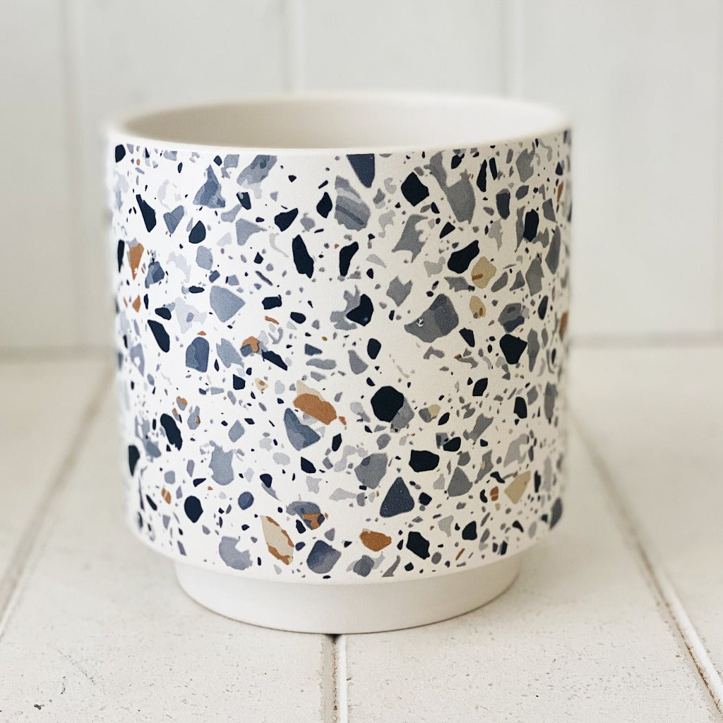 Showcase your favourite plants, succulents, and flowers with the beautiful and unique Terrazzo Pots in Large. Approx size: 14x14x14.3cm. Ceramic. Drainage hole and plug for your convenience.| Bliss Gifts &amp; Homewares | Unit 8, 259 Princes Hwy Ulladulla | South Coast NSW | Online Retail Gift &amp; Homeware Shopping | 0427795959, 44541523