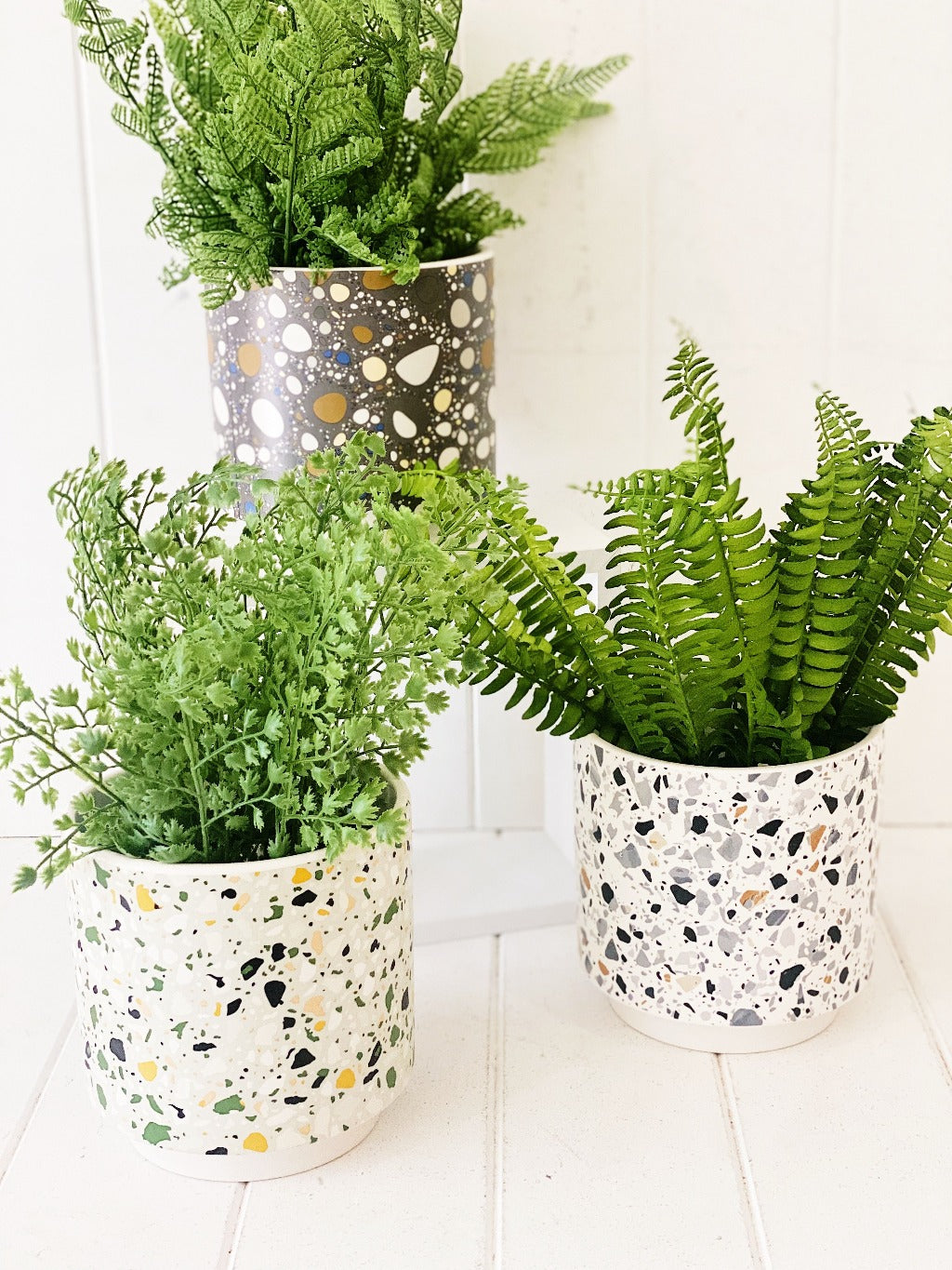 Showcase your favourite plants, succulents, and flowers with the beautiful and unique Terrazzo Pots in Large. Approx size: 14x14x14.3cm. Ceramic. Drainage hole and plug for your convenience.| Bliss Gifts & Homewares | Unit 8, 259 Princes Hwy Ulladulla | South Coast NSW | Online Retail Gift & Homeware Shopping | 0427795959, 44541523