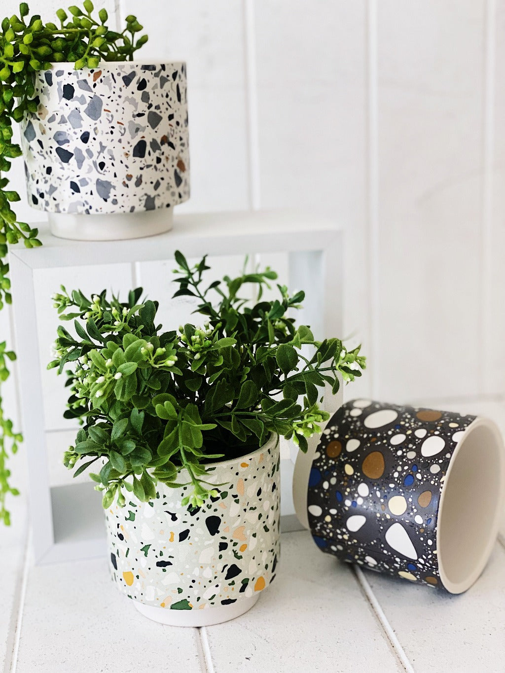 Showcase your favourite plants, succulents, and flowers with the beautiful and unique Terrazzo Pots in Small. Approx size: 10x10x10cm. Ceramic. Drainage hole and plug for your convenience.| Bliss Gifts & Homewares | Unit 8, 259 Princes Hwy Ulladulla | South Coast NSW | Online Retail Gift & Homeware Shopping | 0427795959, 44541523