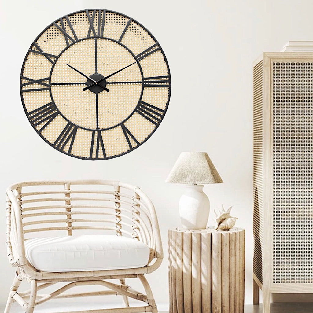 Full of style and character, our Tropea XXL Round Wall Clock 70cm is a beautiful statement clock. The black metal framework allows the natural rattan style backing to add warmth and texture to any space.| Bliss Gifts &amp; Homewares | Unit 8, 259 Princes Hwy Ulladulla | South Coast NSW | Online Retail Gift &amp; Homeware Shopping | 0427795959, 44541523