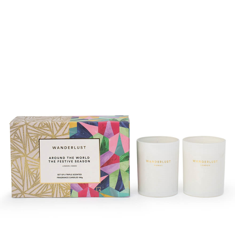 The Wanderlust &quot;The Festive Season&quot; Candle Set has scents based on places so you can visit the world through your nose. This set of two 198g candles has aromas of London and Hawaii, lighting the flame of your burning travel desire.| Bliss Gifts &amp; Homewares | Unit 8, 259 Princes Hwy Ulladulla | South Coast NSW | Online Retail Gift &amp; Homeware Shopping | 0427795959, 44541523