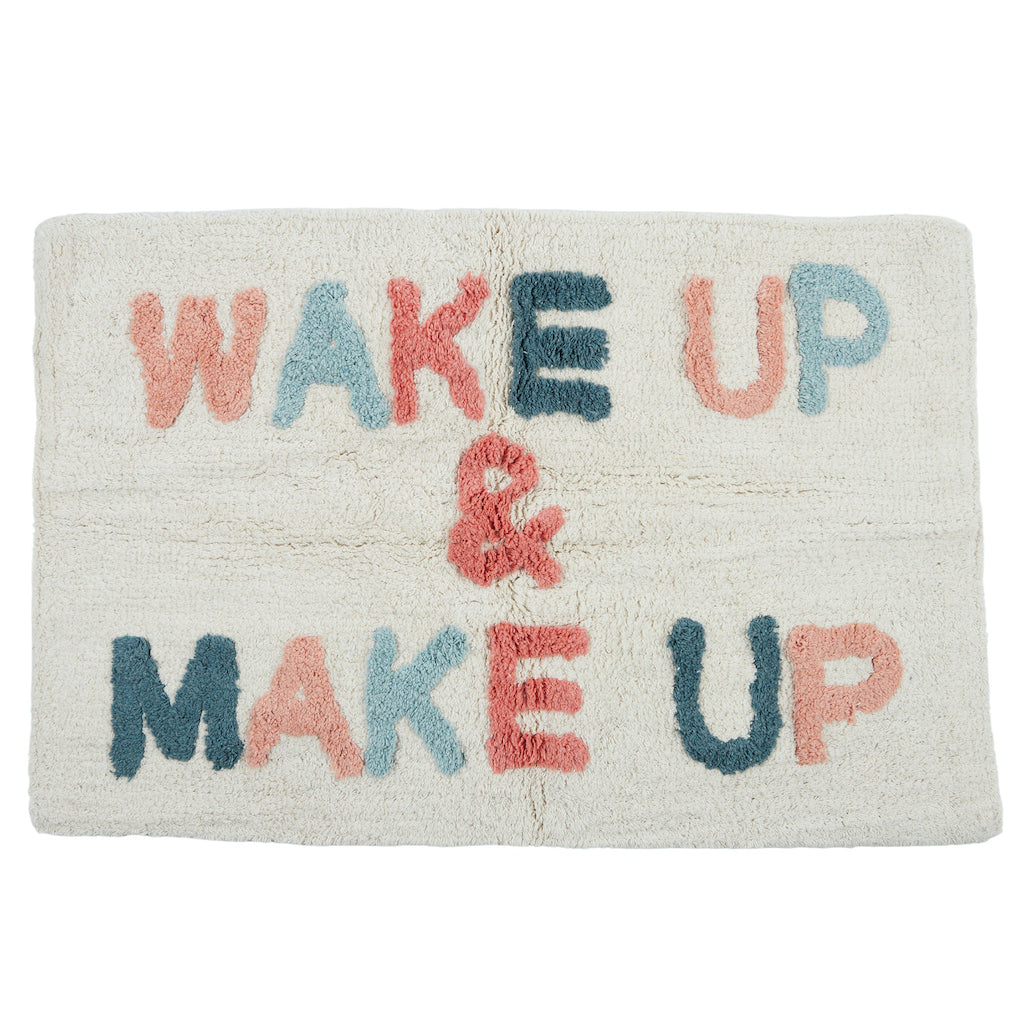 Wake Up & Make Up Bathmat - 50 x 80cm will bring a playful style and a pop of colour to your bathroom. Featuring a fun worded design, this bathmat also adds texture to your bathroom or ensuite.| Bliss Gifts & Homewares | Unit 8, 259 Princes Hwy Ulladulla | South Coast NSW | Online Retail Gift & Homeware Shopping | 0427795959, 44541523