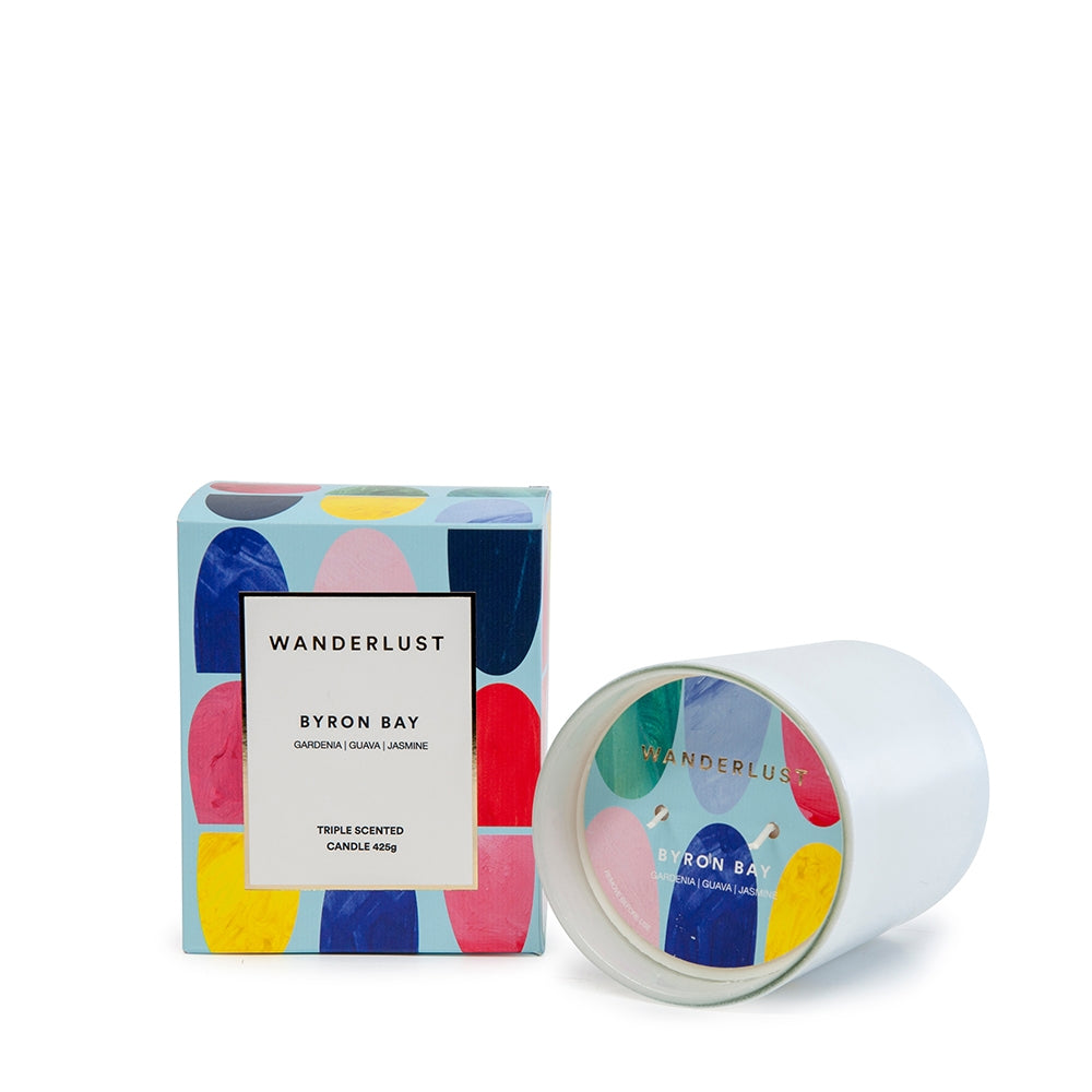 From Salt&amp;Pepper&#39;s WANDERLUST collection is this colourfully packaged 425g BYRON BAY soy candle filled with a superbly fresh and coastal blend of gardenia, guava and jasmine. Enjoying a non-toxic and cotton-wicked burn-time of 30 hours.| Bliss Gifts &amp; Homewares | Unit 8, 259 Princes Hwy Ulladulla | South Coast NSW | Online Retail Gift &amp; Homeware Shopping | 0427795959, 44541523