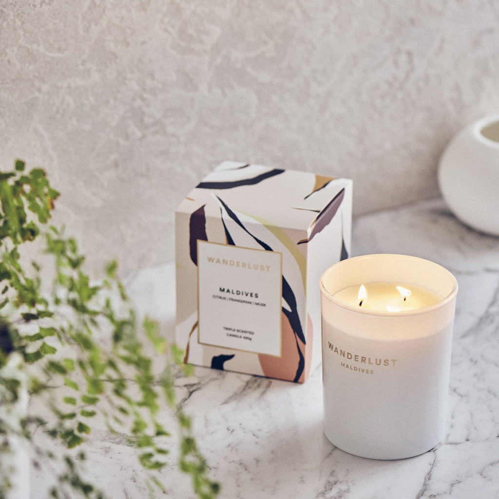 From salt&amp;pepper&#39;&#39;s Wanderlust collection is this colourfully packaged 425g &#39;Maldives&#39; soy candle filled with a dashing blend of citrus, frangipani and musk. Enjoying a non-toxic and cotton-wicked burn-time of up to 30 hours.| Bliss Gifts &amp; Homewares | Unit 8, 259 Princes Hwy Ulladulla | South Coast NSW | Online Retail Gift &amp; Homeware Shopping | 0427795959, 44541523
