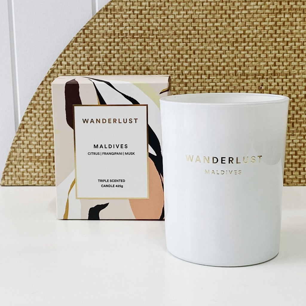 From salt&amp;pepper&#39;&#39;s Wanderlust collection is this colourfully packaged 425g &#39;Maldives&#39; soy candle filled with a dashing blend of citrus, frangipani and musk. Enjoying a non-toxic and cotton-wicked burn-time of up to 30 hours.| Bliss Gifts &amp; Homewares | Unit 8, 259 Princes Hwy Ulladulla | South Coast NSW | Online Retail Gift &amp; Homeware Shopping | 0427795959, 44541523