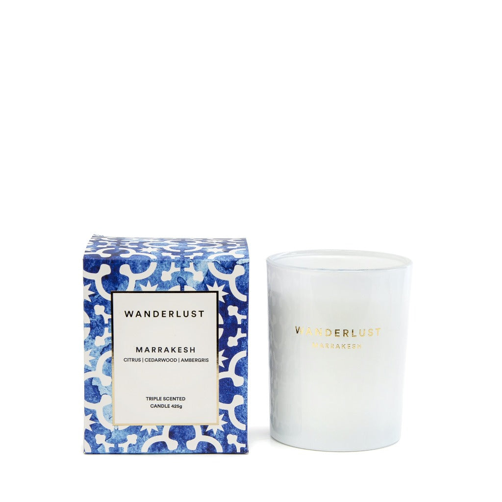 From Salt&amp;Pepper&#39;&#39;s WANDERLUST collection is this colourfully packaged 425g MARRAKESH soy candle filled with a mysteriously distinct blend of citrus, cedarwood and ambergris. Shop online. AfterPay available. Australia wide Shipping | Bliss Gifts &amp; Homewares - Unit 8, 259 Princes Hwy Ulladulla - 0427795959, 44541523