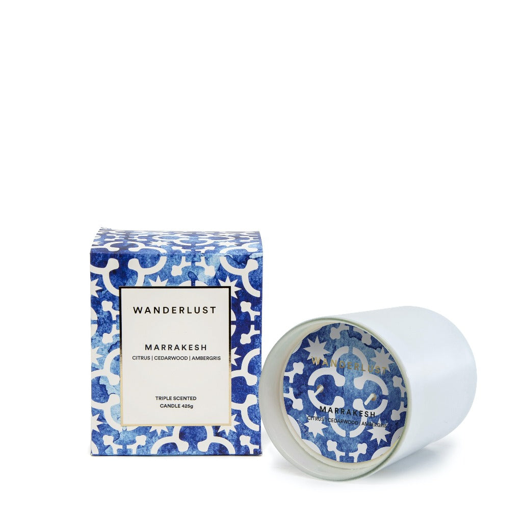 From Salt&amp;Pepper&#39;&#39;s WANDERLUST collection is this colourfully packaged 425g MARRAKESH soy candle filled with a mysteriously distinct blend of citrus, cedarwood and ambergris. Shop online. AfterPay available. Australia wide Shipping | Bliss Gifts &amp; Homewares - Unit 8, 259 Princes Hwy Ulladulla - 0427795959, 44541523