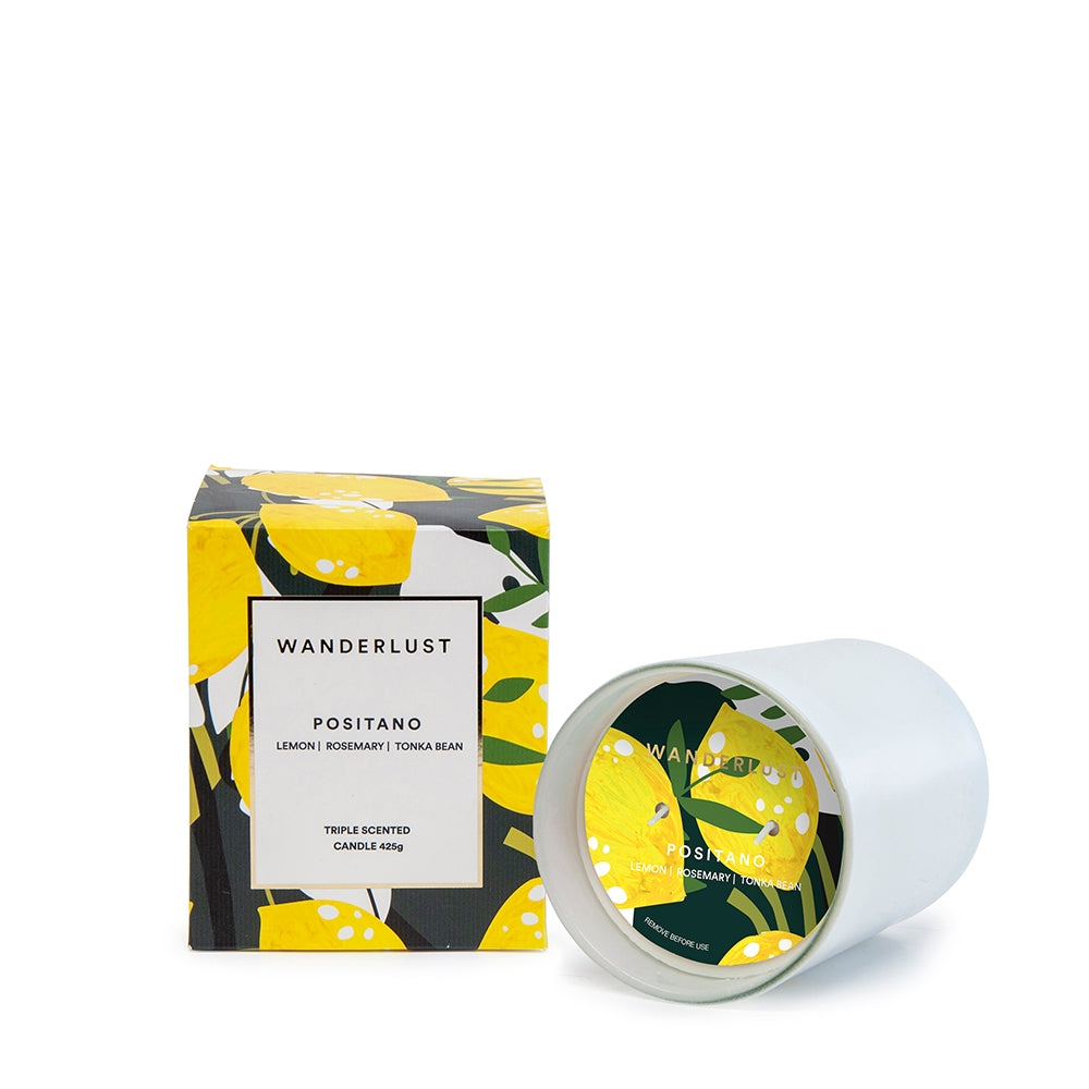 This colourfully packaged POSITANO soy candle filled with a breathtaking blend of lemon, rosemary and tonka bean. Enjoying a non-toxic and cotton-wicked burn-time of 30 hours.| Bliss Gifts &amp; Homewares | Unit 8, 259 Princes Hwy Ulladulla | South Coast NSW | Online Retail Gift &amp; Homeware Shopping | 0427795959, 44541523