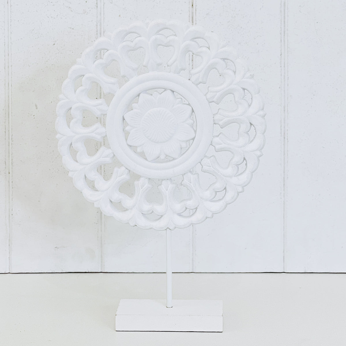 Turn your home into a sanctuary with our White Floral Mandala On Stand. The gorgeous neutral tones and hand carved design are perfectly suited for a bedroom, lounge room or entrance. Perfect for coastal or boho inspired room. 79x79cm. MDF| Bliss Gifts &amp; Homewares | Unit 8, 259 Princes Hwy Ulladulla | South Coast NSW | Online Retail Gift &amp; Homeware Shopping | 0427795959, 44541523