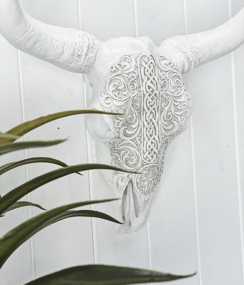 This magnificent White Tribal Pattern Cow Skull is the perfect addition for styling your Boho home. Poly resin. This realistic looking sculpture is light weight and easily wall mounted. 42cm. Shop online. AfterPay available. Australia wide Shipping | Bliss Gifts & Homewares - Unit 8, 259 Princes Hwy Ulladulla - 0427795959, 44541523 