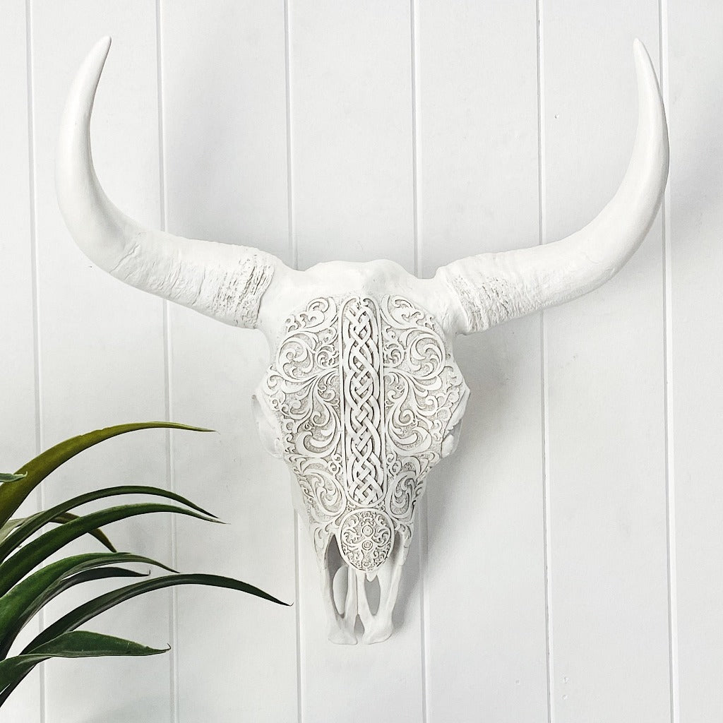 This magnificent White Tribal Pattern Cow Skull is the perfect addition for styling your Boho home. Poly resin. This realistic looking sculpture is light weight and easily wall mounted. 42cm. Shop online. AfterPay available. Australia wide Shipping | Bliss Gifts & Homewares - Unit 8, 259 Princes Hwy Ulladulla - 0427795959, 44541523 