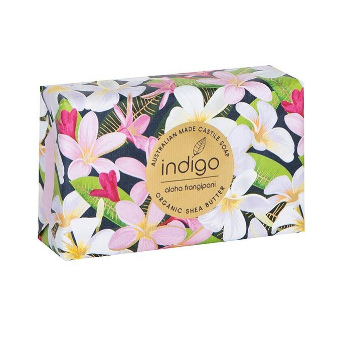 Organic Shea Butter Soap in Frangipani &amp; Pink Lily - Frangipani &amp; Palm Pattern - Our beautifully perfumed French Triple Milled body bar soaps are made in Australia with Certified Organic Shea Butter. 200 grams. Organic Shea Butter. Proudly Australian made.| Bliss Gifts &amp; Homewares | Unit 8, 259 Princes Hwy Ulladulla | South Coast NSW | Online Retail Gift &amp; Homeware Shopping | 0427795959, 44541523