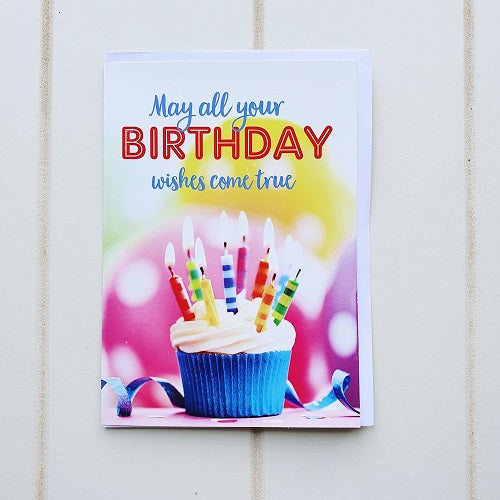 Happy Birthday Cupcake Greeting Card. Enjoy this tall happy birthday card that says on the front cover, &quot;May all your Birthday wishes come true&quot;! | Bliss Gifts &amp; Homewares | Unit 8, 259 Princes Hwy Ulladulla | South Coast NSW | Online Retail Gift &amp; Homeware Shopping | 0427795959, 44541523