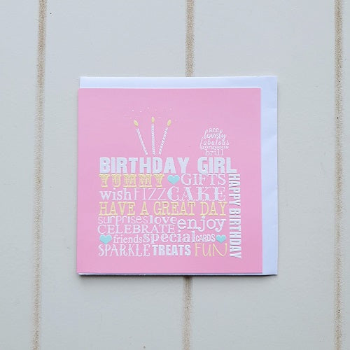 Pink Square Birthday Girl Greeting Card. Celebrate that special birthday girl by giving her this fun birthday card that commemorates all of her best qualities. Don't forget to write a special personal message. | Bliss Gifts & Homewares | Unit 8, 259 Princes Hwy Ulladulla | South Coast NSW | Online Retail Gift & Homeware Shopping | 0427795959, 44541523
