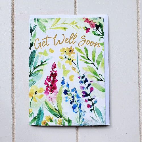 Send a message of Support and Well Wishes to a friend or loved one with our Get Well Soon Watercolour Greeting Card card. If they are feeling Unwell a handwritten card can go a long way in lifting their spirits. Blank on the inside perfect to write a handwritten message | Bliss Gifts &amp; Homewares | Unit 8, 259 Princes Hwy Ulladulla | South Coast NSW | Online Retail Gift &amp; Homeware Shopping | 0427795959, 44541523