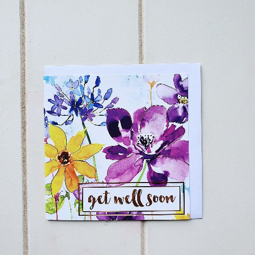 Send a message of Support and Well Wishes to a friend or loved one with our Get Well Soon Flower Greeting Card card. Features &#39;Get Well Soon&#39; on the front surrounded by beautiful Bright coloured flowers, and blank on the inside | Bliss Gifts &amp; Homewares | Unit 8, 259 Princes Hwy Ulladulla | South Coast NSW | Online Retail Gift &amp; Homeware Shopping | 0427795959, 44541523