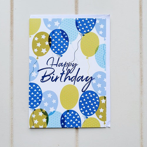Happy Birthday Gold Blue Balloon Greeting Card. Say Happy Birthday with this colourful and vibrant birthday card, perfect for him or her, little him or little her. | Bliss Gifts &amp; Homewares | Unit 8, 259 Princes Hwy Ulladulla | South Coast NSW | Online Retail Gift &amp; Homeware Shopping | 0427795959, 44541523