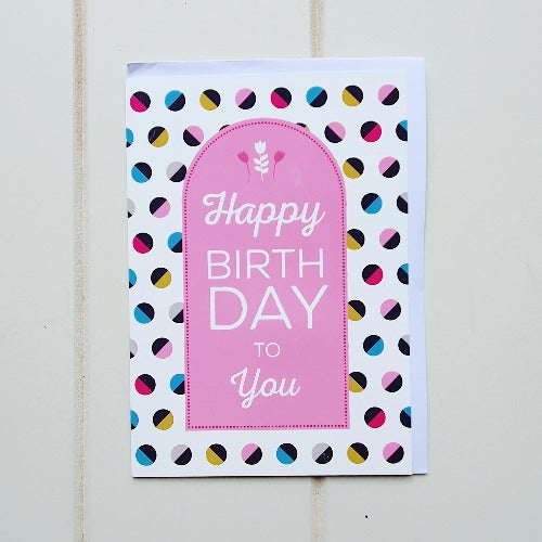 Happy Birthday Pink Doorway Greeting Card. Enjoy giving this tall unique colourful birthday card. Inside the card reads, "Hope your day is Perfect". | Bliss Gifts & Homewares | Unit 8, 259 Princes Hwy Ulladulla | South Coast NSW | Online Retail Gift & Homeware Shopping | 0427795959, 44541523