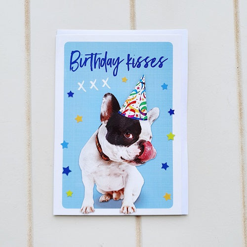 Birthday Kisses French Bulldog Birthday Greeting Card. Give those sloppy wet doggy kisses to the dog lover for their birthday, how could they resist this adorable, quirky little birthday card. | Bliss Gifts &amp; Homewares | Unit 8, 259 Princes Hwy Ulladulla | South Coast NSW | Online Retail Gift &amp; Homeware Shopping | 0427795959, 44541523