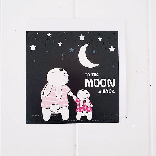 Moon Bunnies All Occasion Greeting Card. Adorable square card that says on the front cover, &quot;To the moon &amp; Back&quot;. Card is blank inside. | Bliss Gifts &amp; Homewares | Milton | Online| 0427795959 | Afterpay available