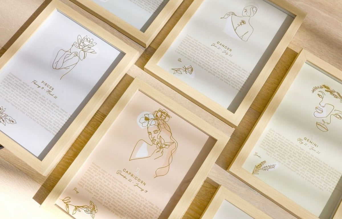 The Mystique Astrological Framed Prints feature whimsical and feminine illustrations combined with a pastel colour palette. The collection features 12x framed prints for each astrological star sign and gold foil detail for an elegant finished look.| Bliss Gifts & Homewares | Unit 8, 259 Princes Hwy Ulladulla | South Coast NSW | Online Retail Gift & Homeware Shopping | 0427795959, 44541523