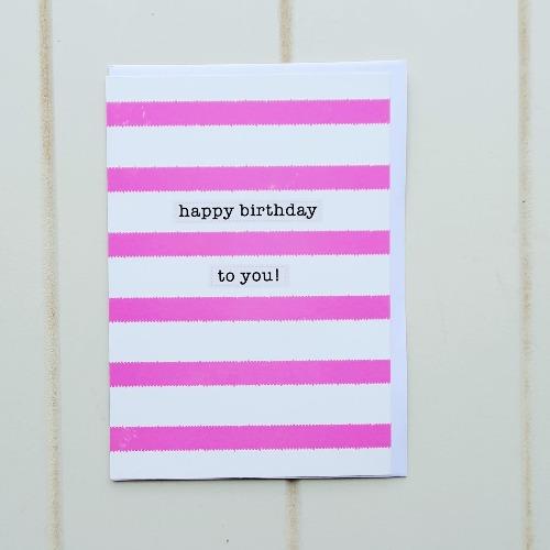 Happy Birthday Pink Stripes Greeting Card. Tall white and pink striped Happy Birthday card. Perfect for any birthday occasion, on the inside of the card it reads &quot;Enjoy your special day&quot;. | Bliss Gifts &amp; Homewares | Unit 8, 259 Princes Hwy Ulladulla | South Coast NSW | Online Retail Gift &amp; Homeware Shopping | 0427795959, 44541523