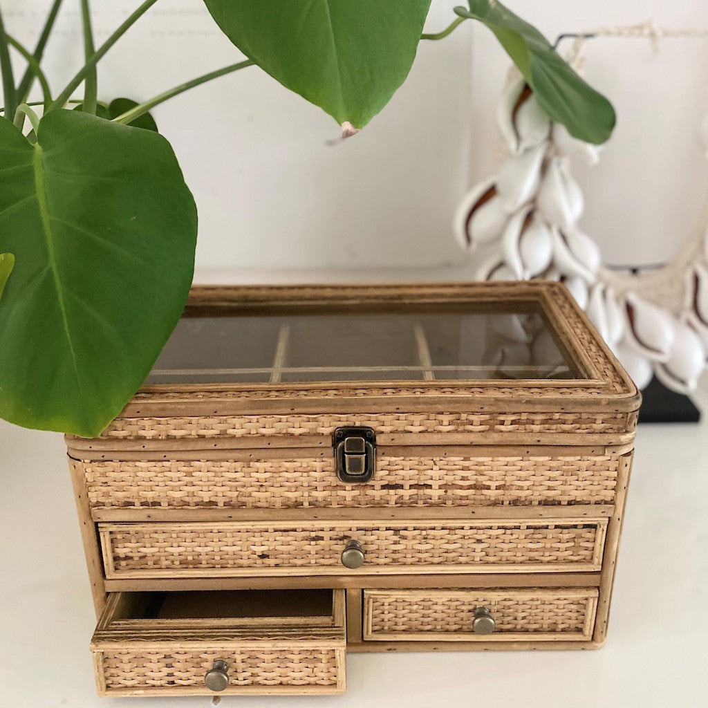 Our Rattan Weave Jewellery Box is a gorgeous piece to have set on your beauty desk or basin. The natural woven rattan detailing with cute brass drawer handles bring this jewellery box together. 36x20x20.| Bliss Gifts &amp; Homewares | Unit 8, 259 Princes Hwy Ulladulla | South Coast NSW | Online Retail Gift &amp; Homeware Shopping | 0427795959, 44541523