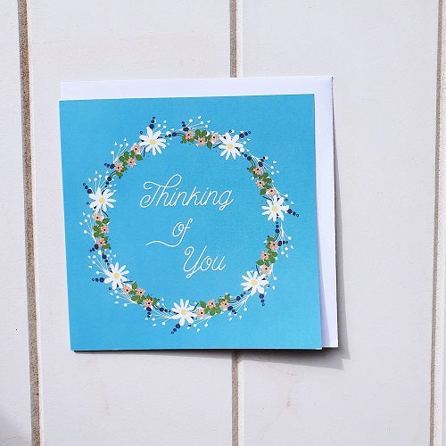 &#39;Thinking of You&#39;. A lovely blue &#39;Thinking of You blue wreath greeting card&#39;. A lovely blue square blank card inside. Perfect for a special handwritten message that says you&#39;re in my thoughts.  | Bliss Gifts &amp; Homewares | Unit 8, 259 Princes Hwy Ulladulla | South Coast NSW | Online Retail Gift &amp; Homeware Shopping | 0427795959, 44541523