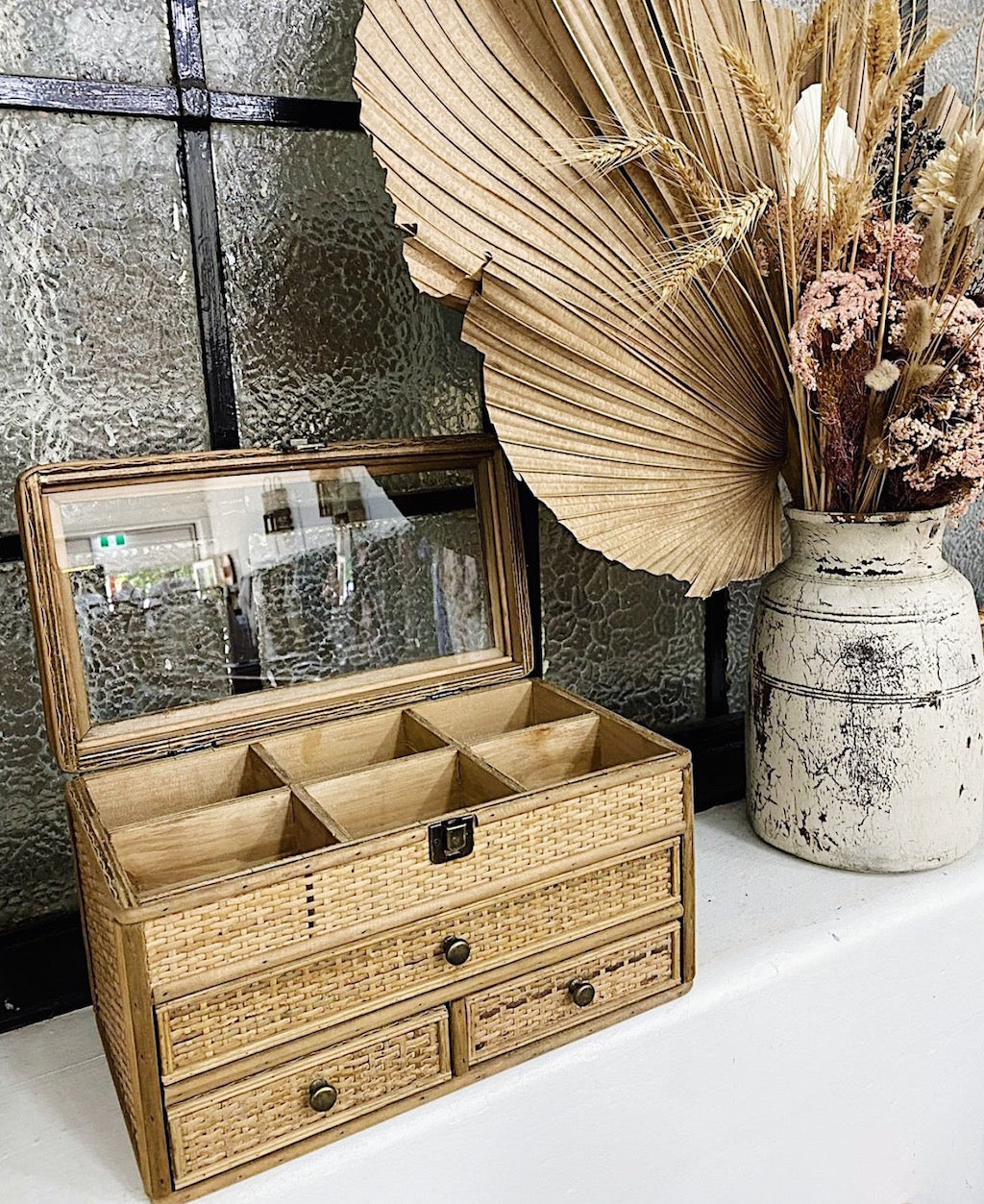 Our Rattan Weave Jewellery Box is a gorgeous piece to have set on your beauty desk or basin. The natural woven rattan detailing with cute brass drawer handles bring this jewellery box together. 36x20x20.| Bliss Gifts &amp; Homewares | Unit 8, 259 Princes Hwy Ulladulla | South Coast NSW | Online Retail Gift &amp; Homeware Shopping | 0427795959, 44541523