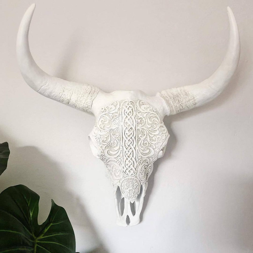 This magnificent White Tribal Pattern Cow Skull is the perfect addition for styling your Boho home. Poly resin. This realistic looking sculpture is light weight and easily wall mounted. 42cm. Shop online. AfterPay available. Australia wide Shipping | Bliss Gifts &amp; Homewares - Unit 8, 259 Princes Hwy Ulladulla - 0427795959, 44541523 