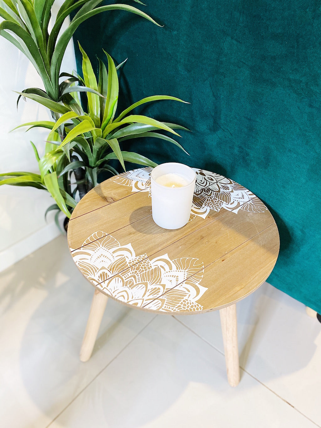 White Mandala Side Table - Perfect for Living Room or Bedroom Decor