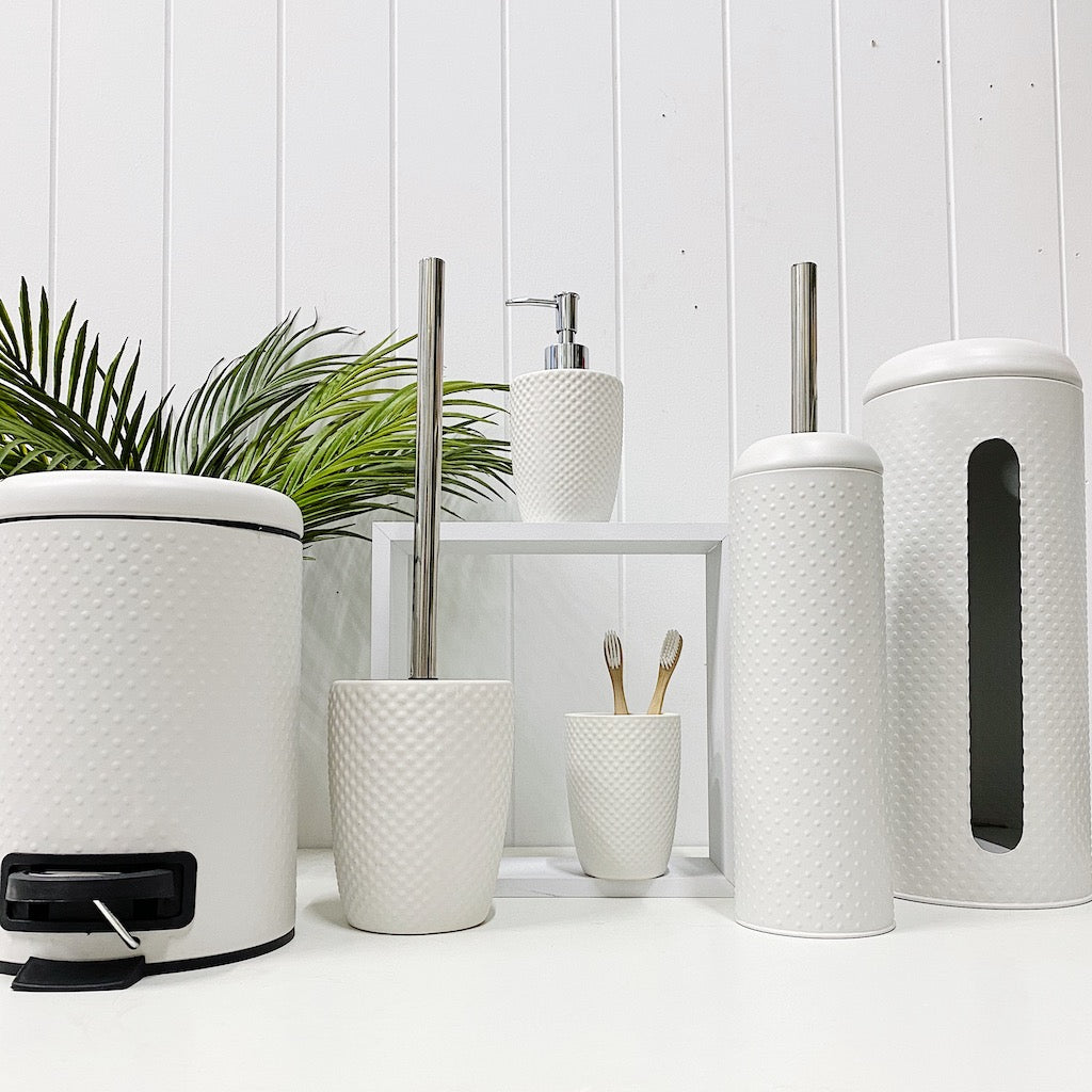 The SPOT Toilet Brush &amp; Roll Holder features a beautiful white embossed spot pattern and is a must-have bathroom essential for every household. Made of metal; toilet roll holder holds up to 4 rolls. Shop Online. AfterPay Available. Australia Wide Shipping | Bliss Gifts &amp; Homewares - Unit 8, 259 Princes Hwy Ulladulla - 0427795959, 44541523